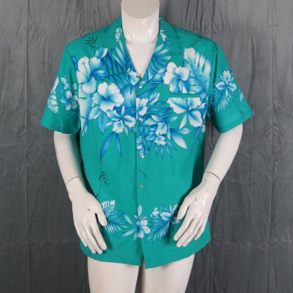 Vintage Hawaiian Shirt - Large Floral Pattern on Teal Base - Men's Large - Picture 4 of 8